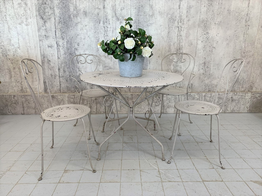 Set of Painted French Grey Metal Garden Table and Two Carver and Two Chairs