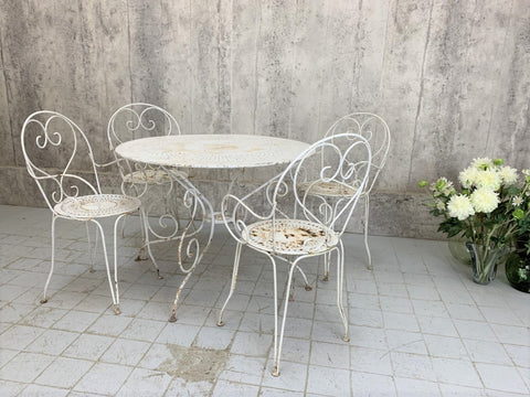 Set of 4 White Metal Garden Chairs (carvers) and Circular Table