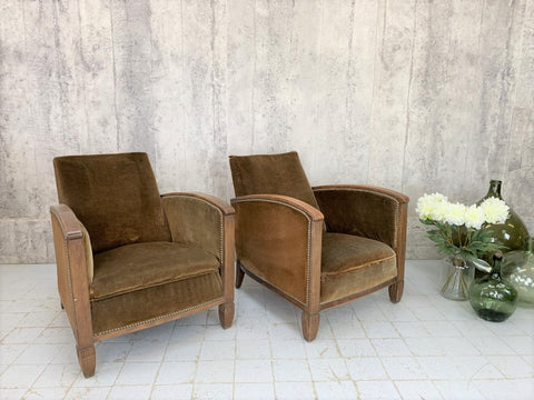 Pair of Conker/Tabacco Cotton Velvet 1930's Lounge Chairs