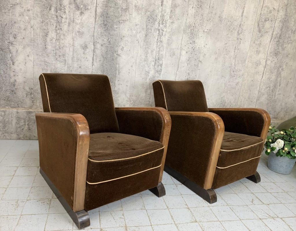 Pair Of Brown Mohair Velvet Art Deco Lounge Chairs – Vintage French