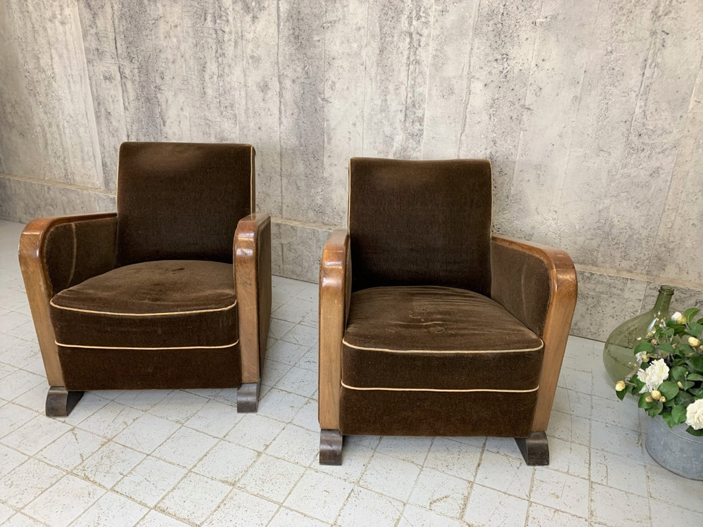 Pair Of Brown Mohair Velvet Art Deco Lounge Chairs – Vintage French