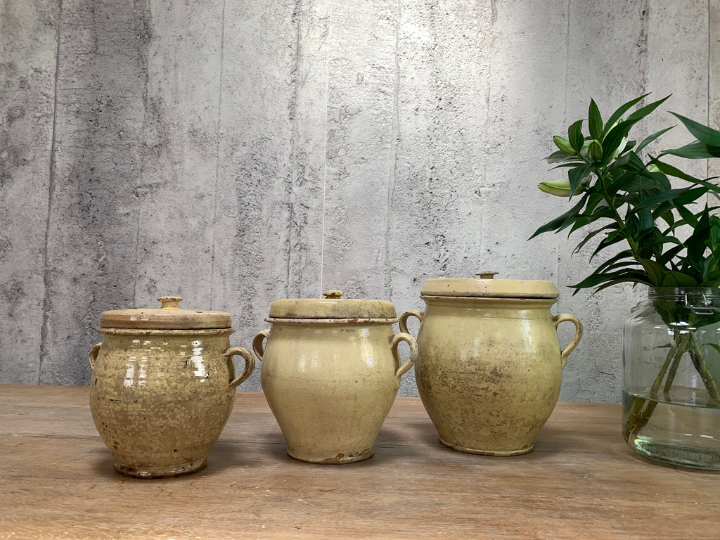 Set of Three Yellow Antique French Confit Pots with Lids